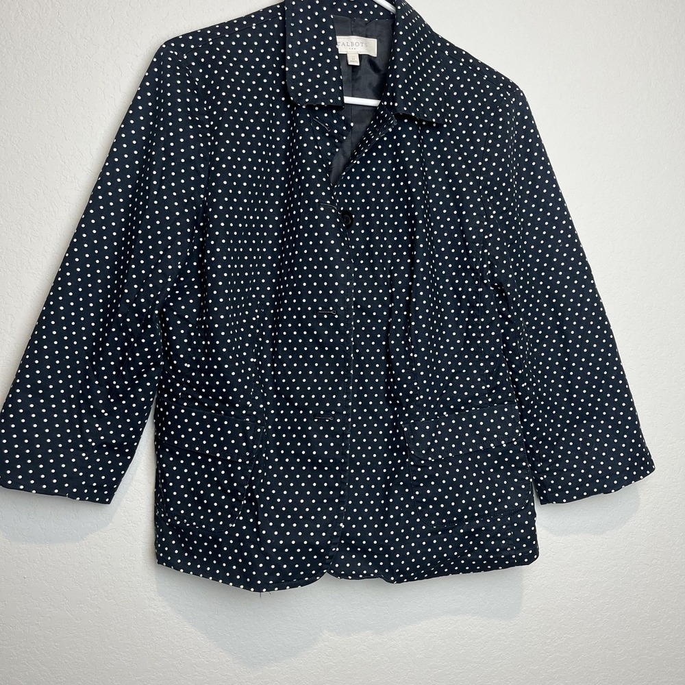 Talbots Jacket Womens 12 Navy White Polka Dot Lined Button Front 3/4 Sleeve - Picture 1 of 7